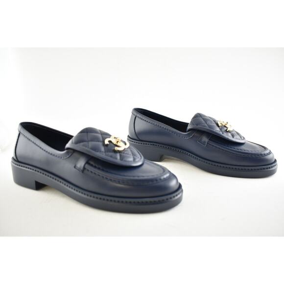 Chanel 21B Blue Quilted Flap Turnlock CC Logo Gold Mule Slip On Flat Loafer 36.5 - Picture 5 of 12